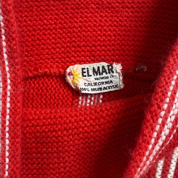 El Mar Vintage Red Cowl Neck Sweater with Vertical White Stripes - Picture 3 of 11